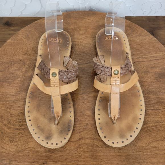 UGG Australia Audra Women Sandals Size 10 Tan Leather Flat Braided Slip On Thong - Picture 3 of 7
